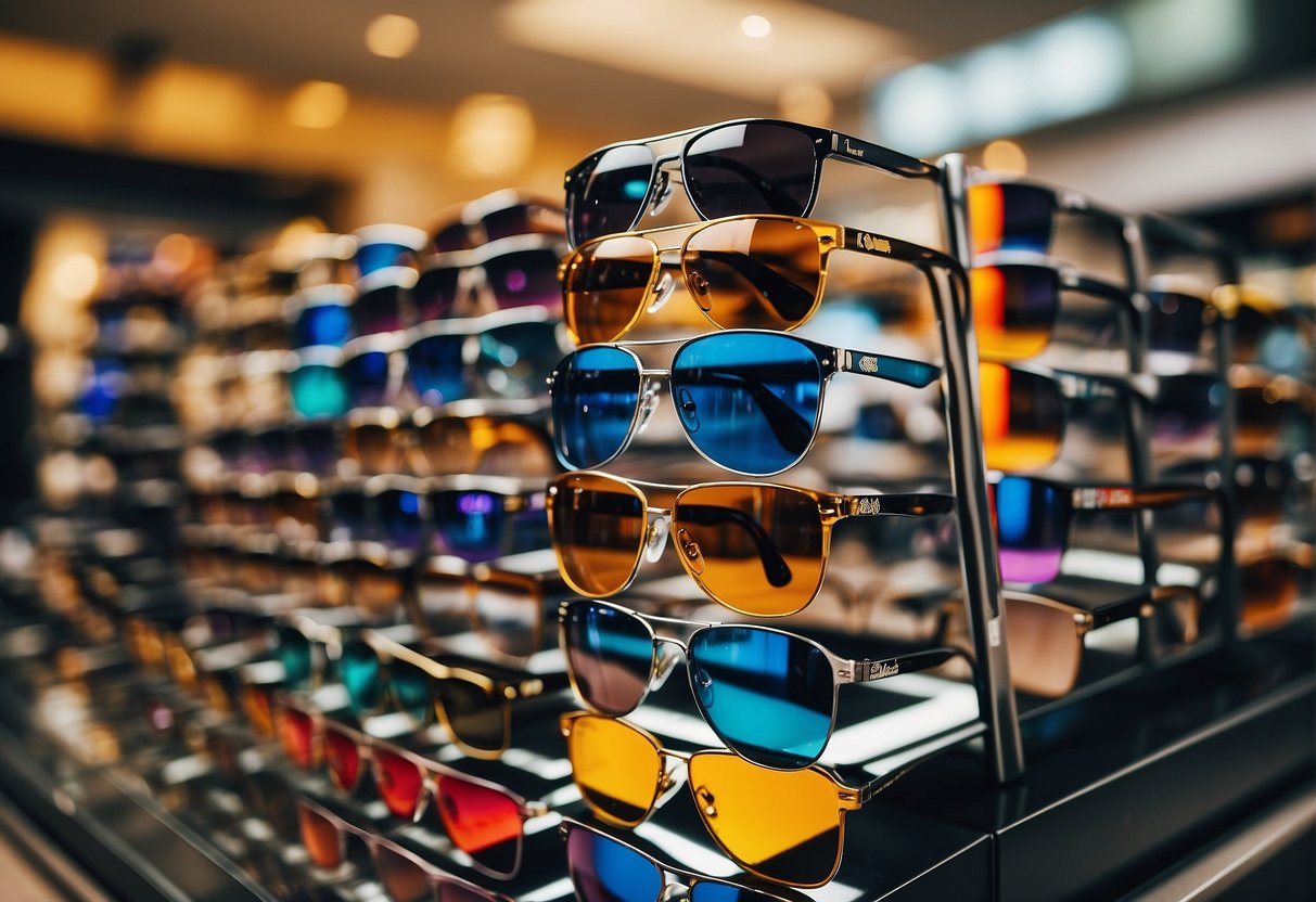 A display of colorful sunglasses with promotional signs in a bustling Singapore storefront