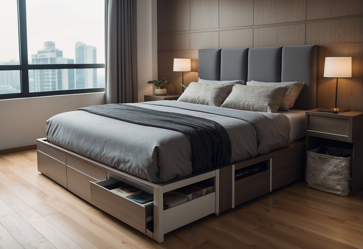 A bedroom with a storage bed, surrounded by promotional materials, in Singapore