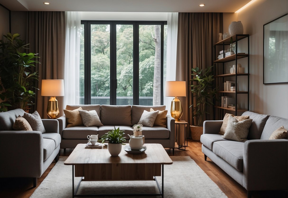 A cozy living room with a modern sofa, surrounded by promotional materials for Frequently Asked Questions about sofa promotions in Singapore