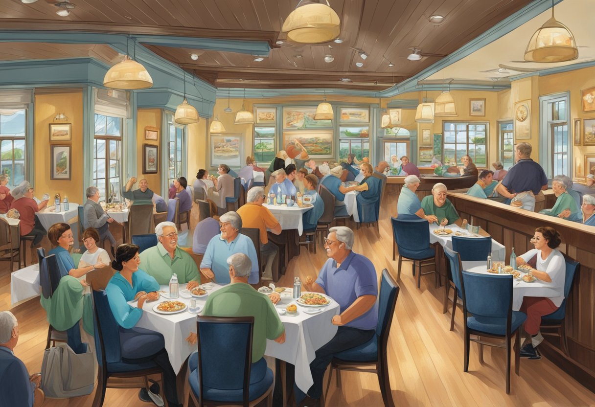 The bustling interior of Dickinson Seafood Restaurant, with tables filled with patrons enjoying fresh seafood dishes and the sound of clinking glasses and lively conversation filling the air