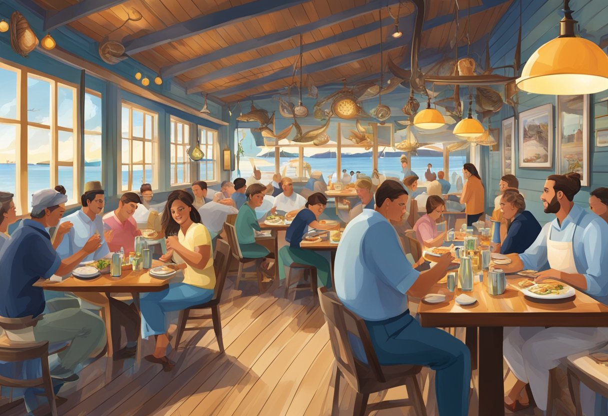 A bustling seafood restaurant with diners enjoying fresh dishes, surrounded by nautical decor and a lively atmosphere