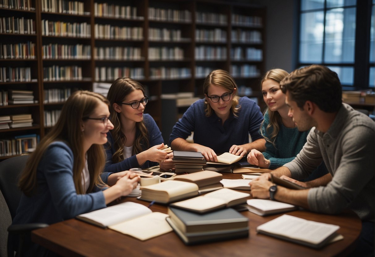 Students engaged in group discussions, experiments, and research, surrounded by books, computers, and educational materials