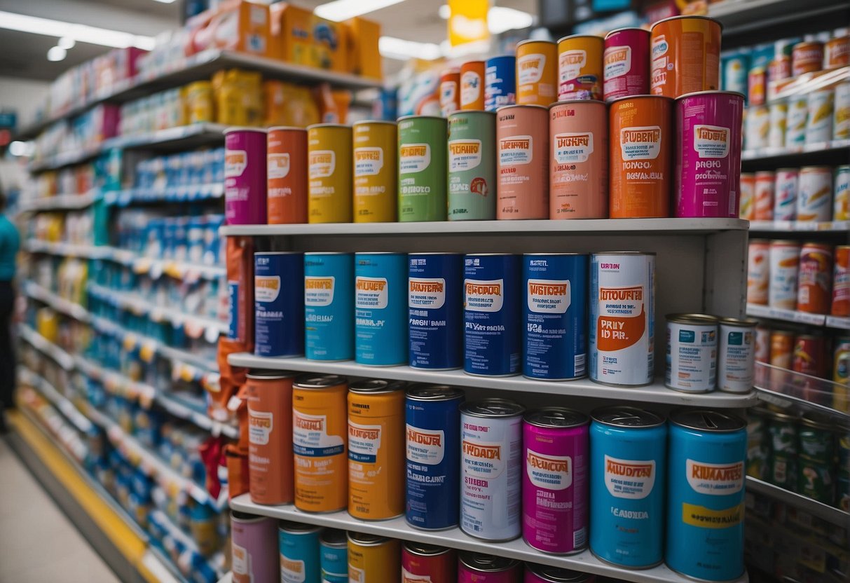 A colorful display of Nippon paint cans and promotional signage in a busy Singapore store