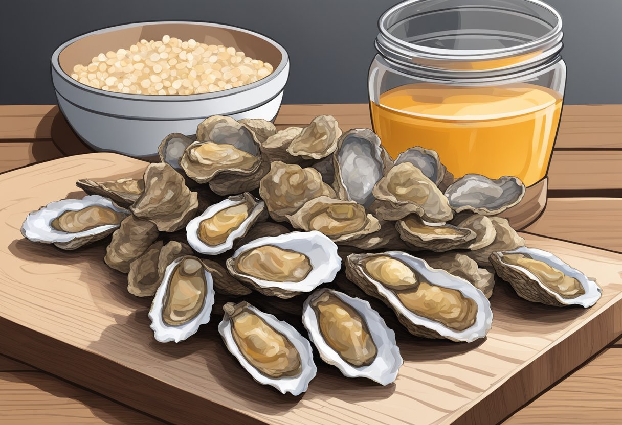 A pile of dried oysters, rich in protein, vitamins, and minerals, sits on a wooden cutting board with a nutrition label beside it