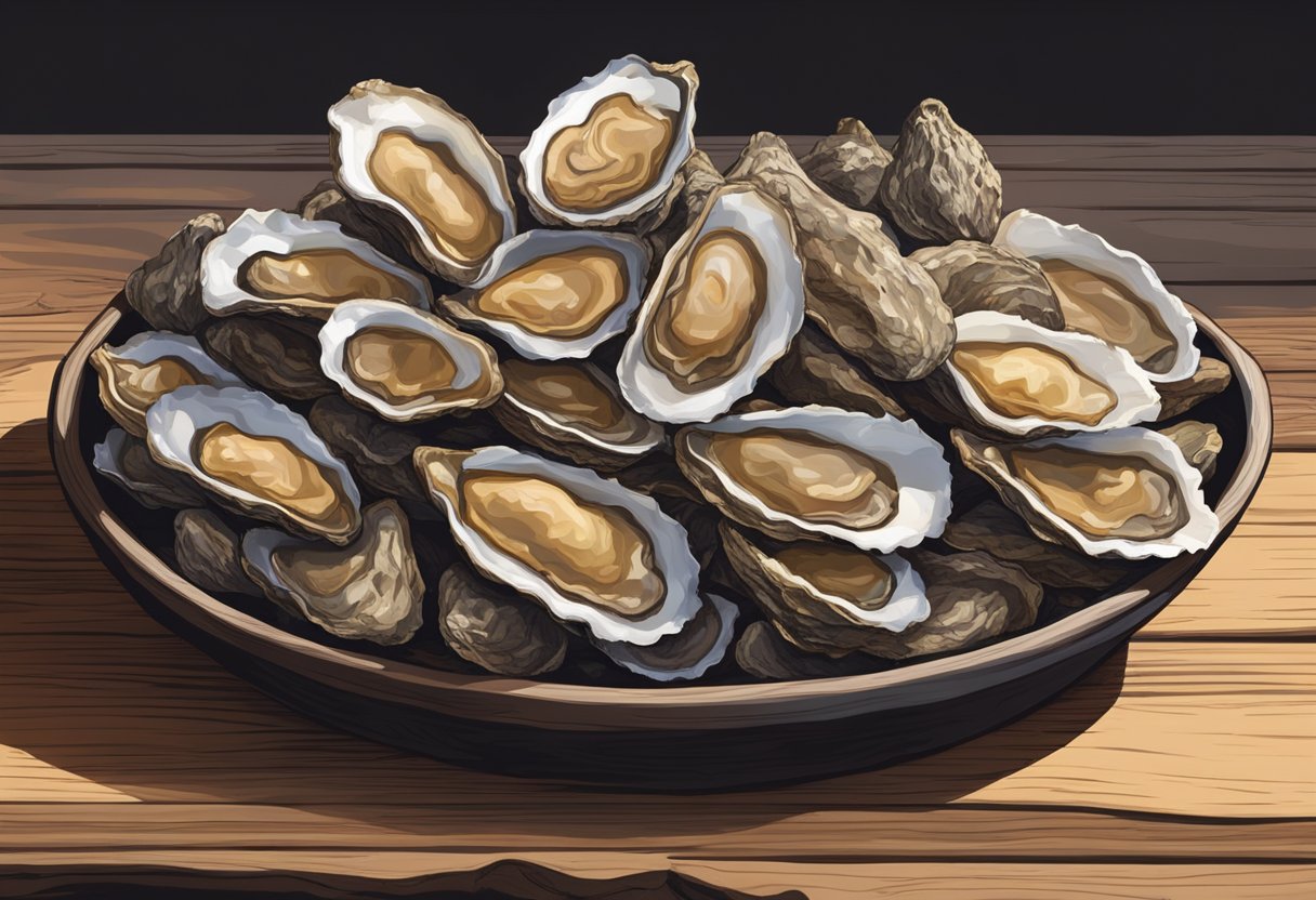 A pile of dried oysters arranged on a rustic wooden table, with a soft glow of natural light highlighting their rich, earthy tones