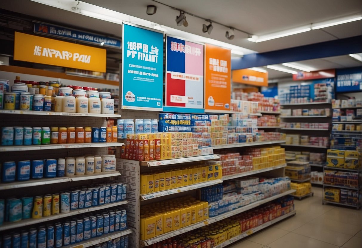 A vibrant display of Nippon Paint products with eye-catching promotional signs and banners in a busy Singaporean paint store