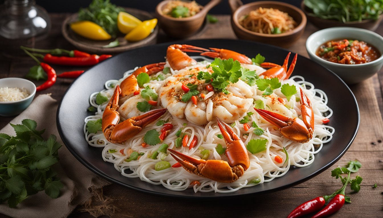 A steaming plate of Crab Bee Hoon sits on a rustic wooden table, surrounded by vibrant chili peppers and fragrant herbs. The dish is adorned with succulent crab meat and strands of vermicelli, creating a mouthwatering visual feast