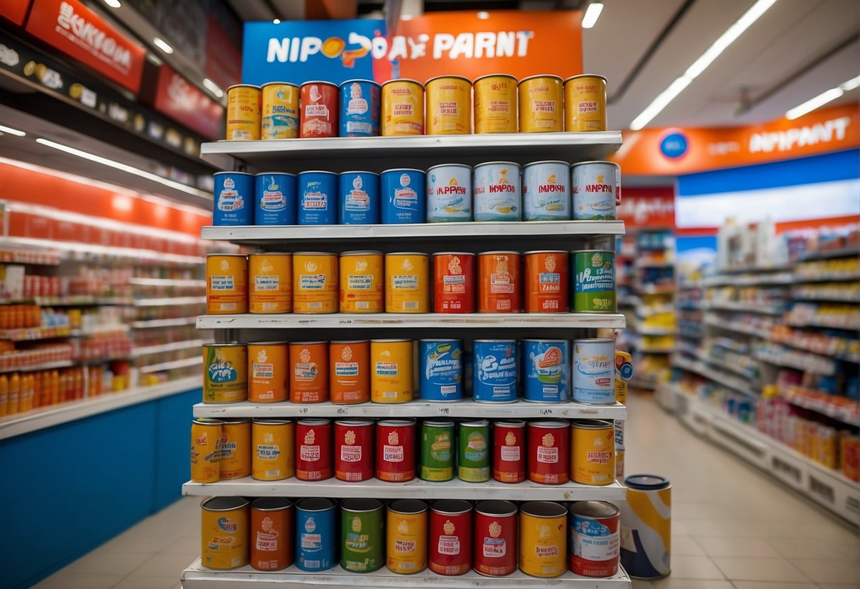 Vibrant display of Nippon Paint promotions in a bustling Singapore store. Bold logos, colorful paint cans, and eye-catching signage