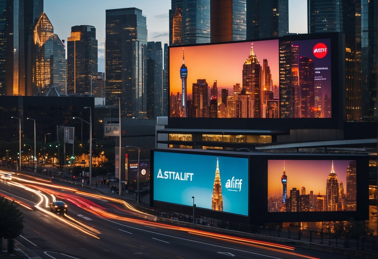 A vibrant cityscape with Astalift branding displayed prominently on billboards and buildings, surrounded by bustling streets and a modern skyline