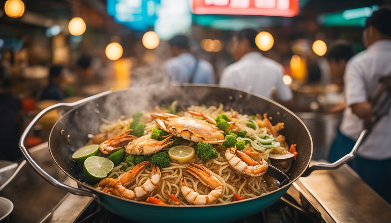 A large wok sizzles with crab bee hoon, a popular Singaporean dish, surrounded by bustling hawker stalls and colorful cultural decorations