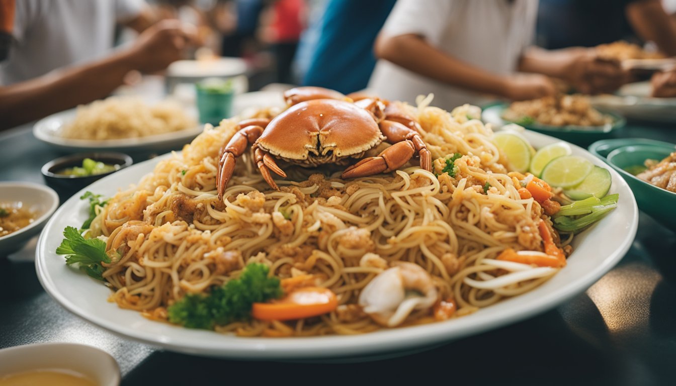A steaming plate of crab bee hoon surrounded by bustling diners in a lively Singapore hawker center