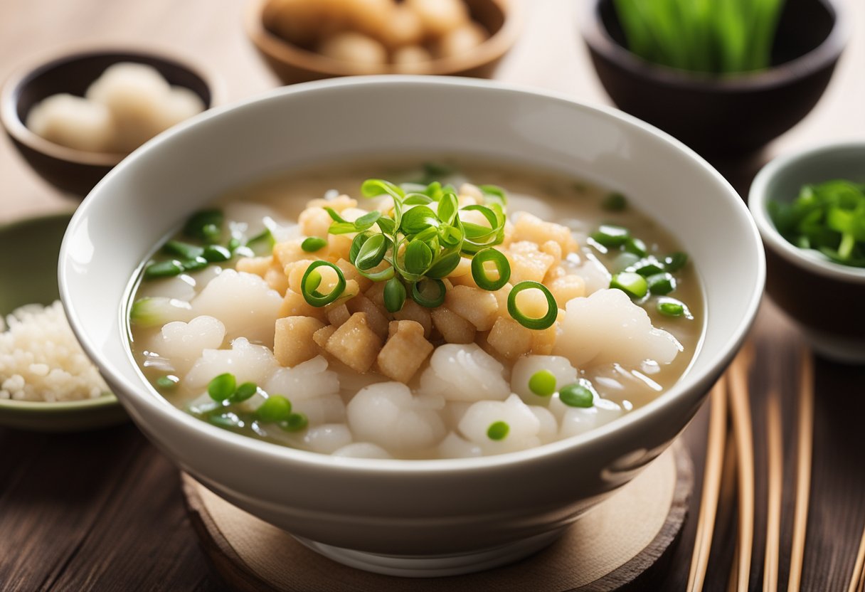 A steaming bowl of congee with dried scallops, garnished with green onions and a drizzle of sesame oil, sits on a wooden table