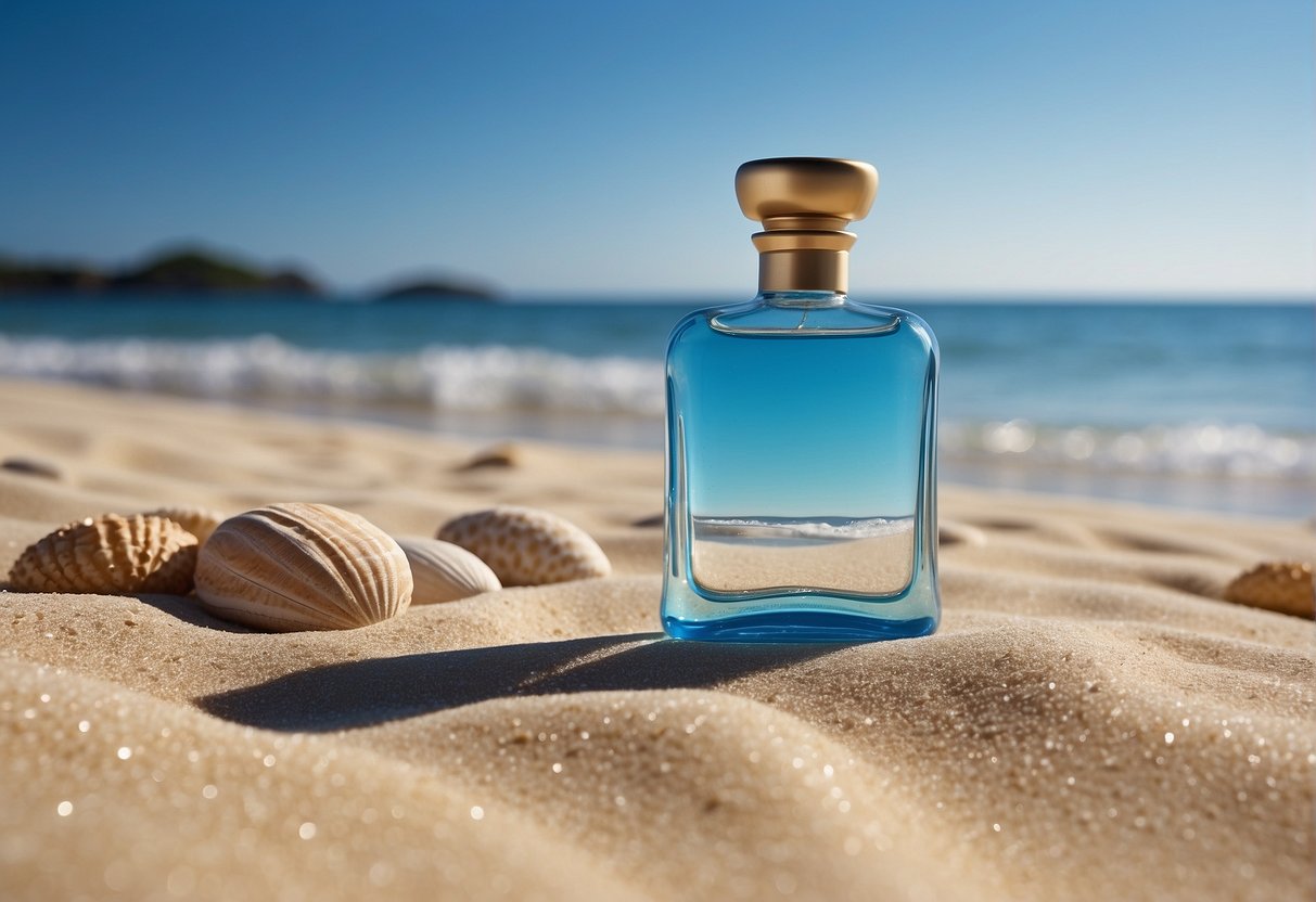A serene beach setting with a clear blue sky, gentle waves, and a bottle of Sensitive Skin Solutions Astalift prominently displayed in the sand