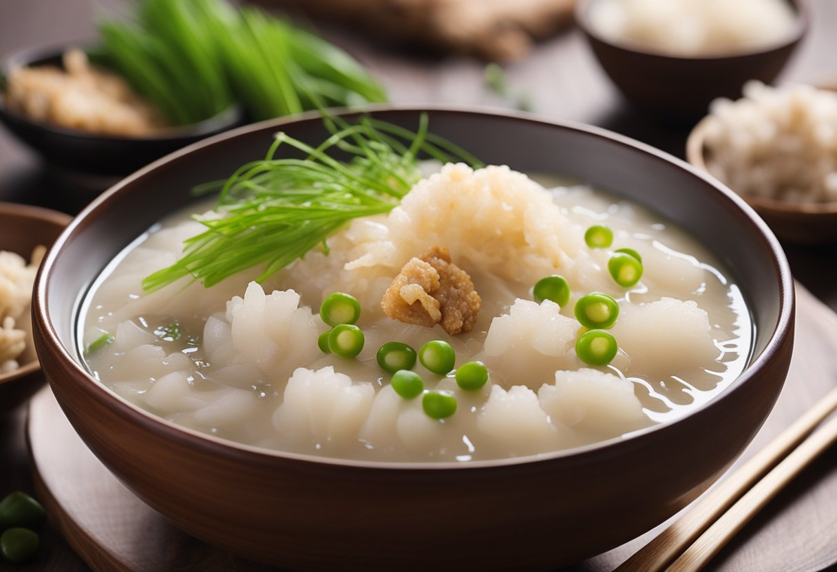 A steaming bowl of dried scallop congee sits on a wooden table, garnished with green onions and ginger slices. Steam rises from the bowl, filling the air with a savory aroma