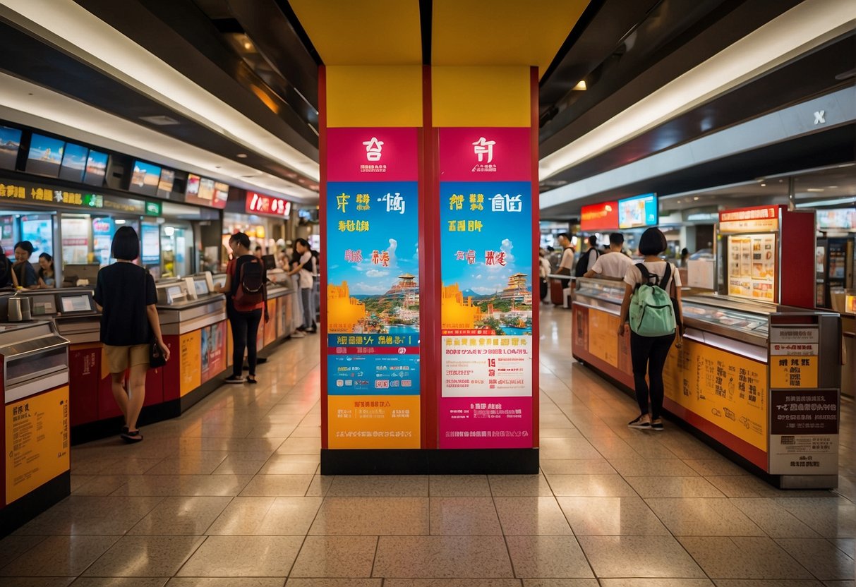 A vibrant poster displays Taiwan ticket promotions in Singapore. Bright colors and bold text catch the eye, enticing potential travelers