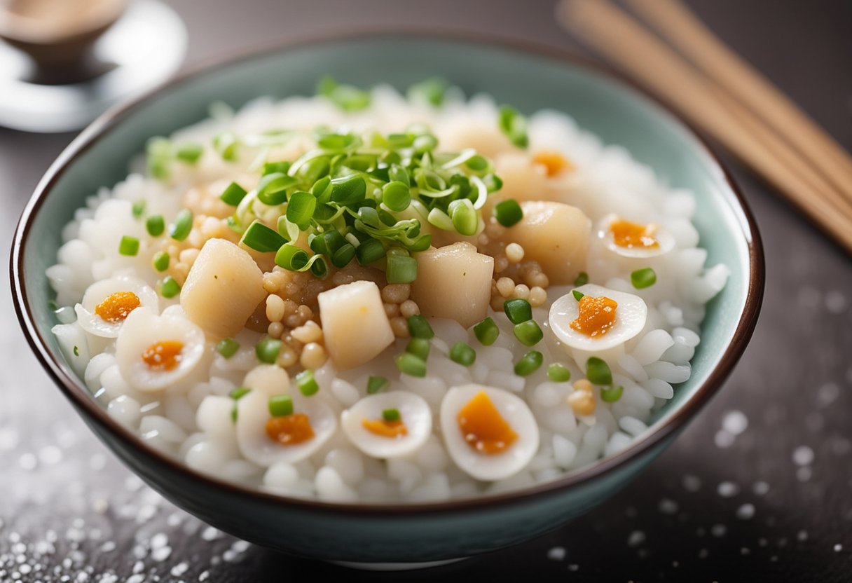 Dried scallops are being crushed and sprinkled onto a steaming bowl of congee. A sprinkle of chopped green onions and a drizzle of fragrant sesame oil complete the dish