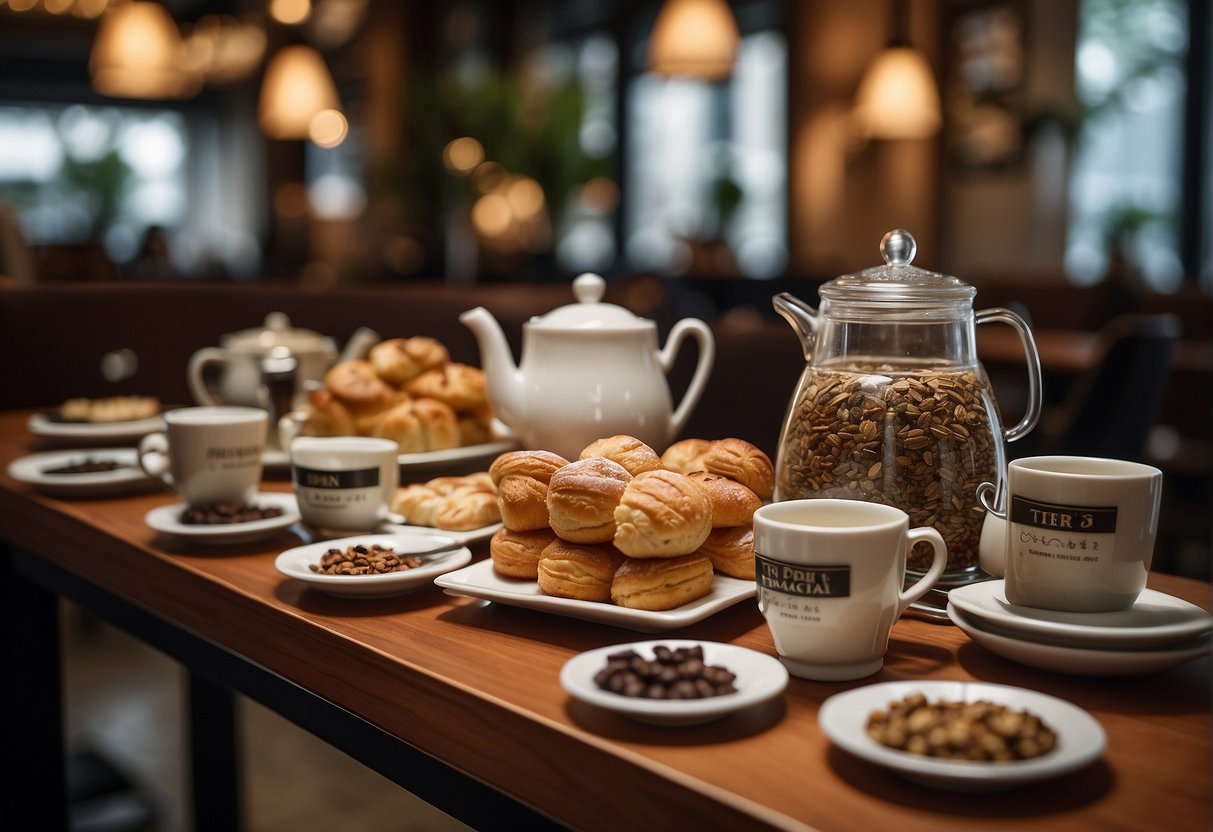 A table set with various tea blends and pastries, adorned with promotional banners and signs, in a cozy Singaporean cafe