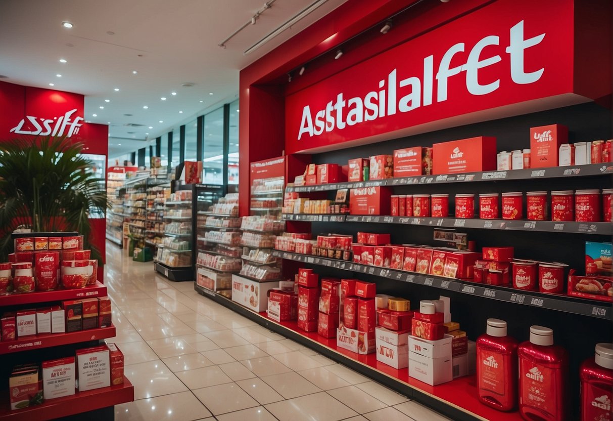 A vibrant display of Astalift products with promotional signage in a bustling Singaporean retail setting