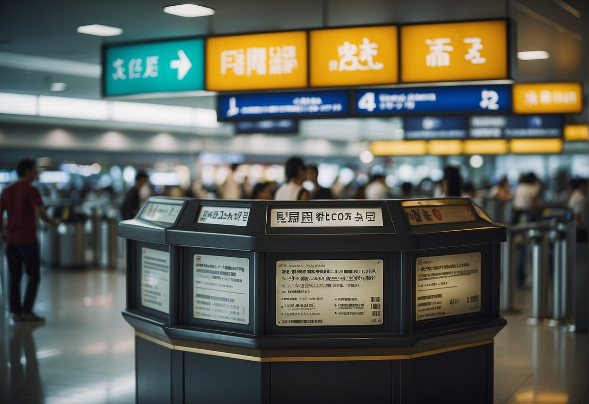 A crowded airport ticket counter with a prominent "Frequently Asked Questions" sign, featuring promotional materials for Taiwan and Singapore