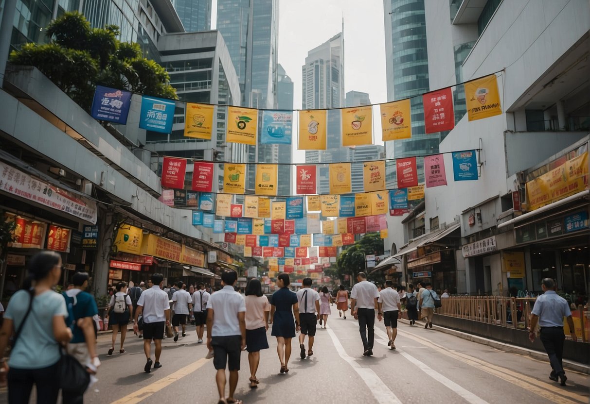 A bustling street with colorful banners and signs advertising promotions in Singapore