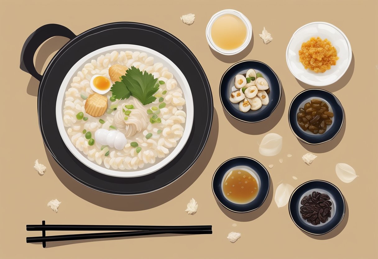 A steaming bowl of congee with dried scallops, surrounded by small dishes of condiments and a pair of chopsticks