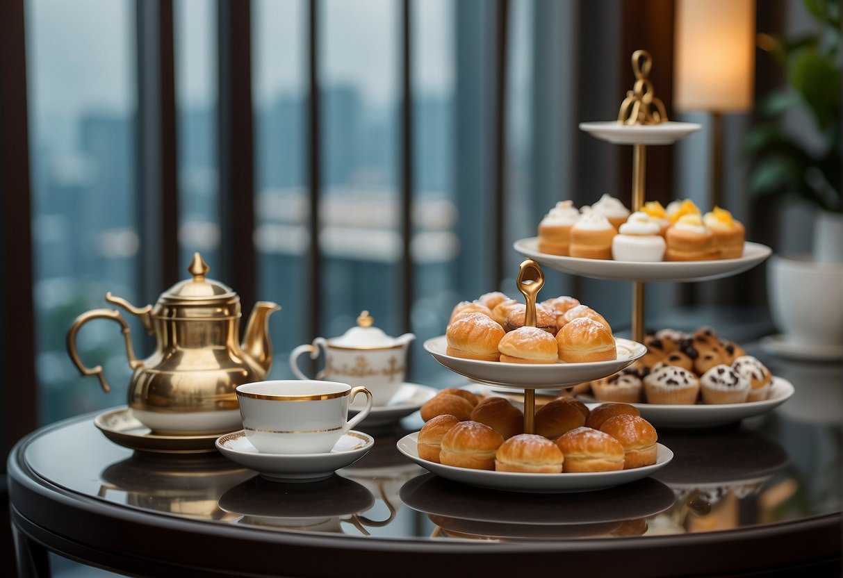 A table set with elegant teacups, tiered trays of pastries, and pots of steaming tea in a luxurious Singaporean setting
