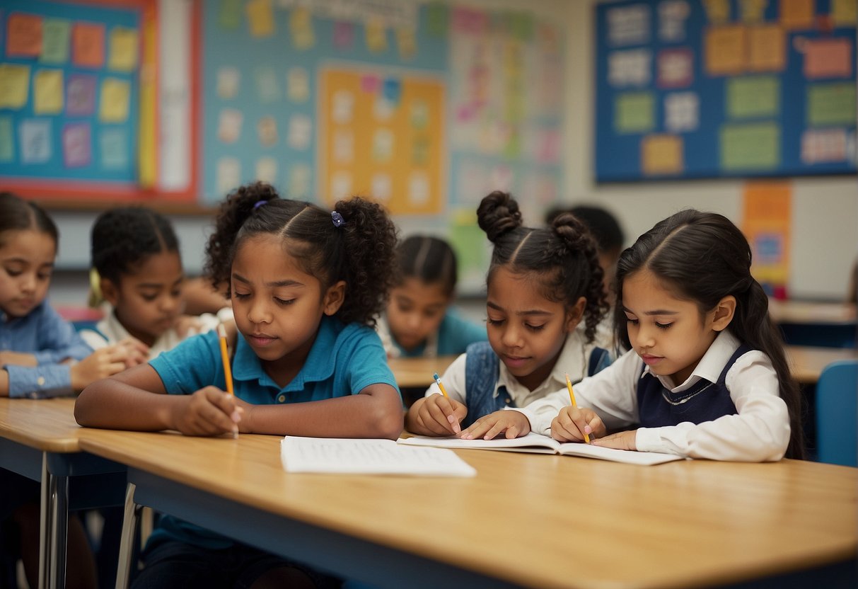 Children reading and writing in a classroom setting with books, pencils, and paper. A teacher guiding the activities and students engaged in literacy tasks