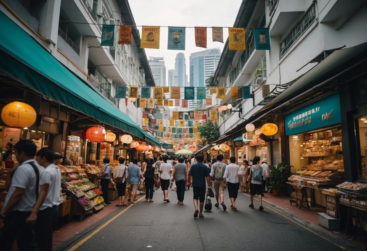 A bustling street in Singapore with colorful promotional banners hanging from storefronts and crowds of people browsing the various promotions