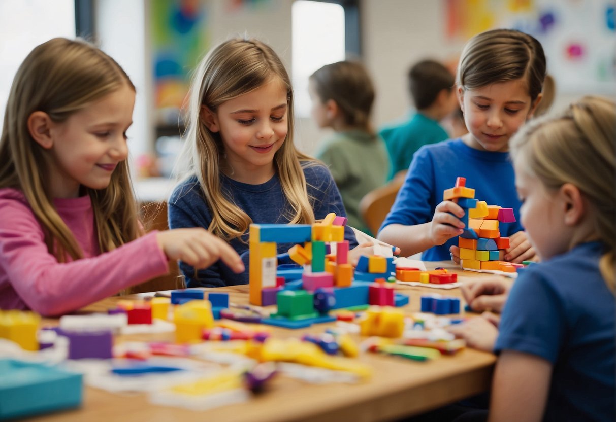 A group of 3rd and 4th graders engage in art and construction activities, surrounded by colorful art supplies and building materials. Their creations fill the space with imagination and creativity