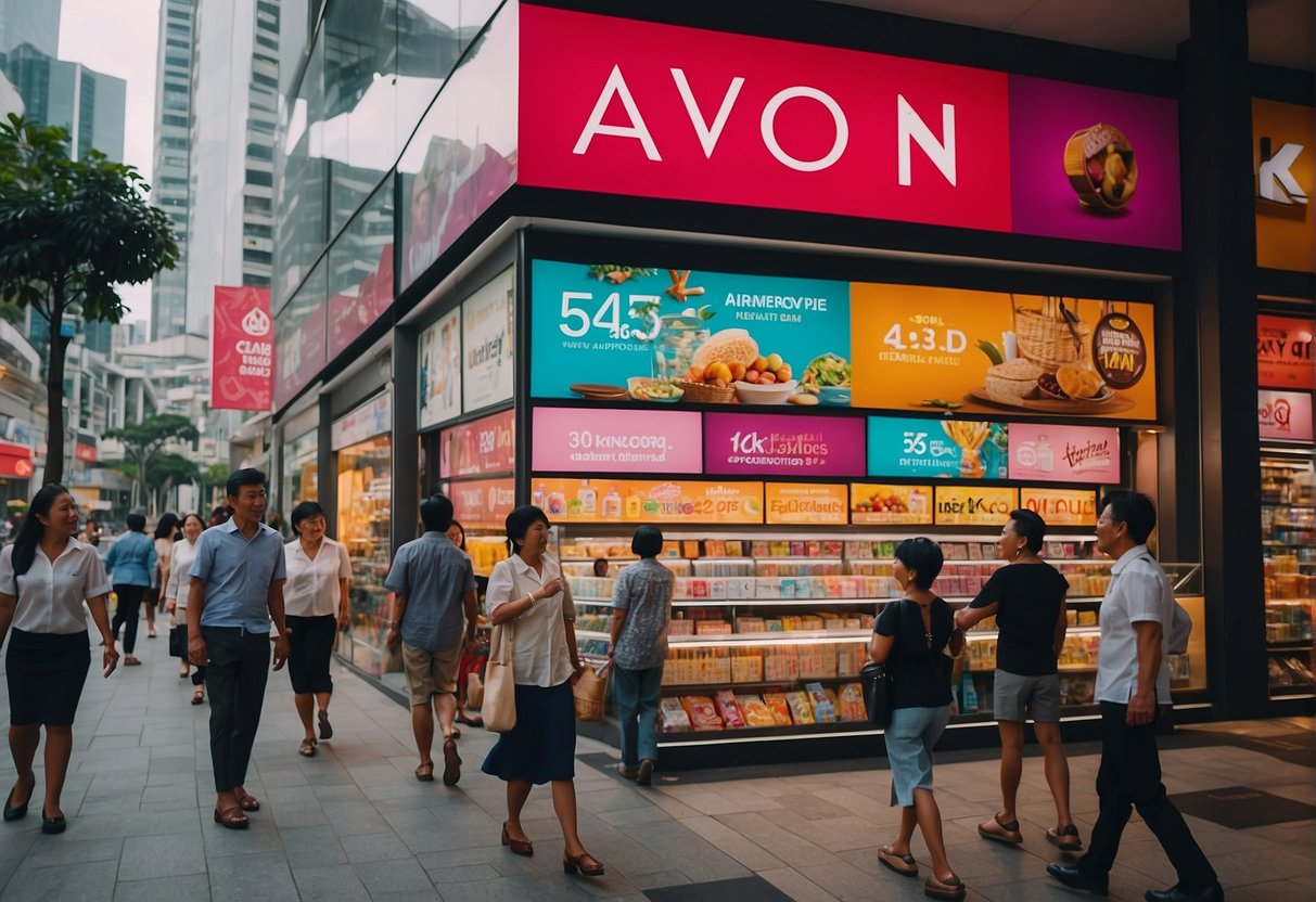 A bustling street in Singapore with colorful Avon promotions displayed in shop windows and on billboards. Pedestrians walk by, taking in the vibrant advertisements