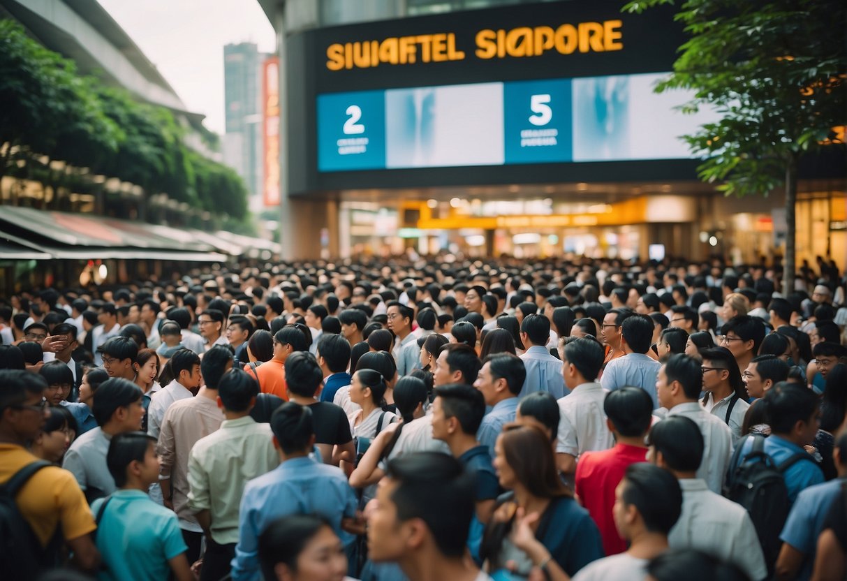 A bustling crowd gathers around a display of exclusive tech deals, with bright promotional signs and eager shoppers in a busy Singapore shopping district