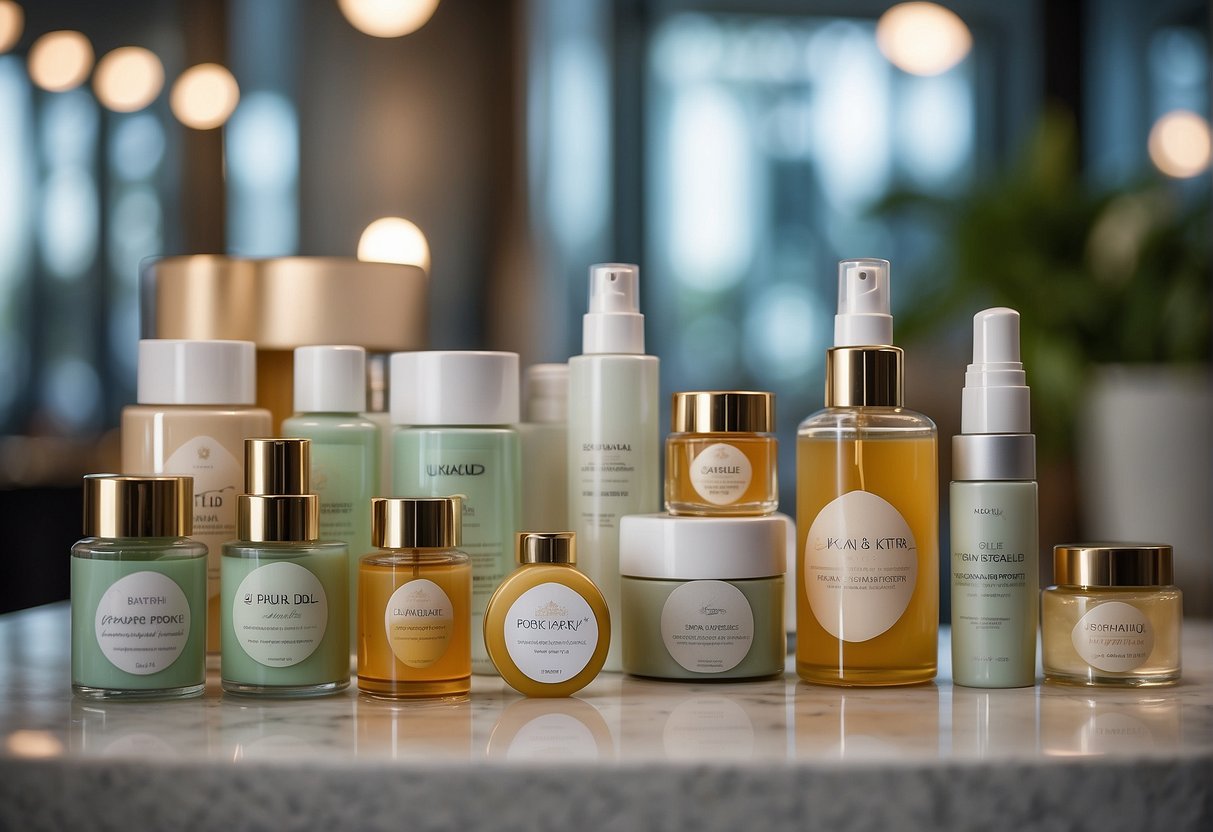 A display of beauty and wellness products with promotional signs in a modern Singaporean setting
