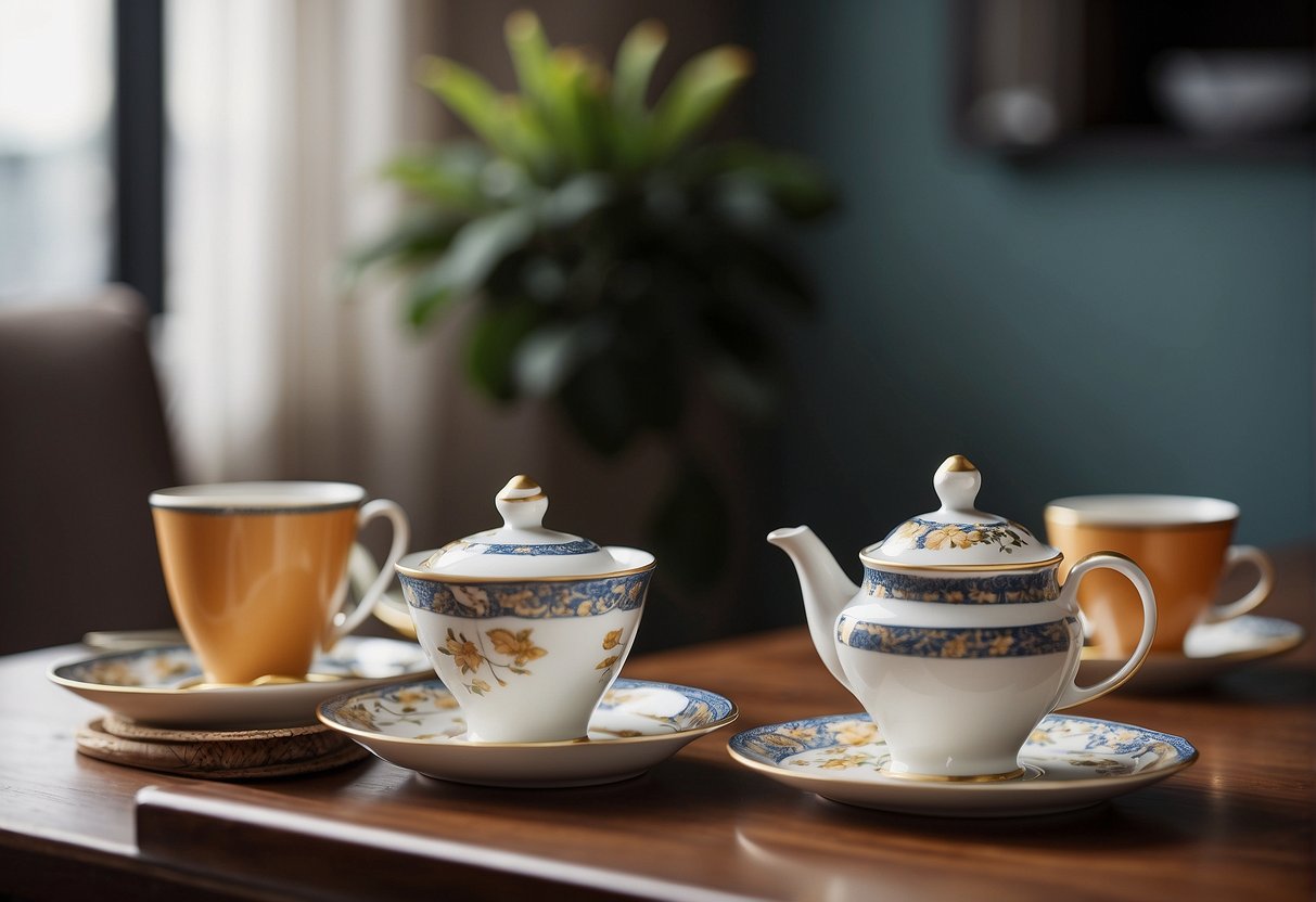 A table set with tea cups, saucers, and a teapot, surrounded by promotional materials for Frequently Asked Questions tea time promotions in Singapore