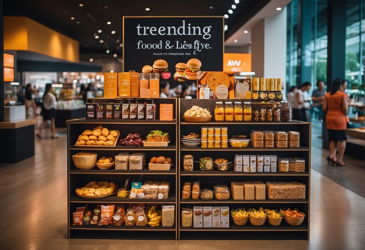A vibrant display of food and lifestyle products with "Trending Food and Lifestyle Discounts" signage at an Avon promotions event in Singapore