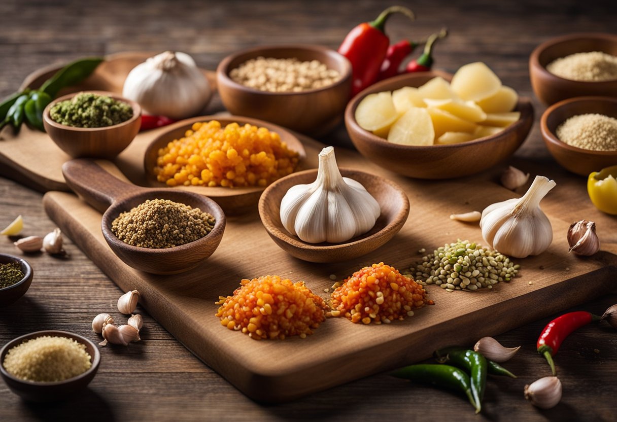 Dried scallops arranged on a wooden cutting board surrounded by various ingredients like garlic, ginger, and chili peppers. A mortar and pestle sits nearby for grinding