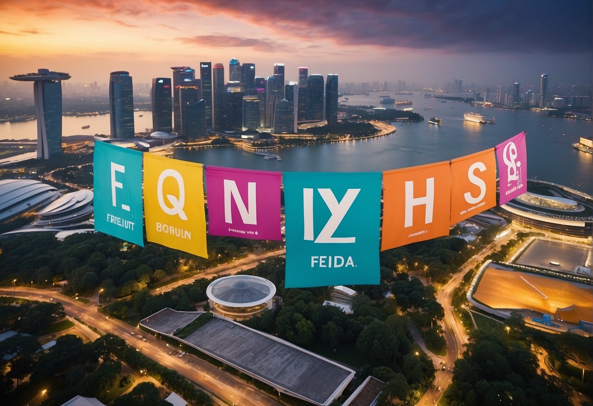 A colorful banner with "Frequently Asked Questions" in bold letters, surrounded by various promotional items and symbols, against a backdrop of the Singapore skyline