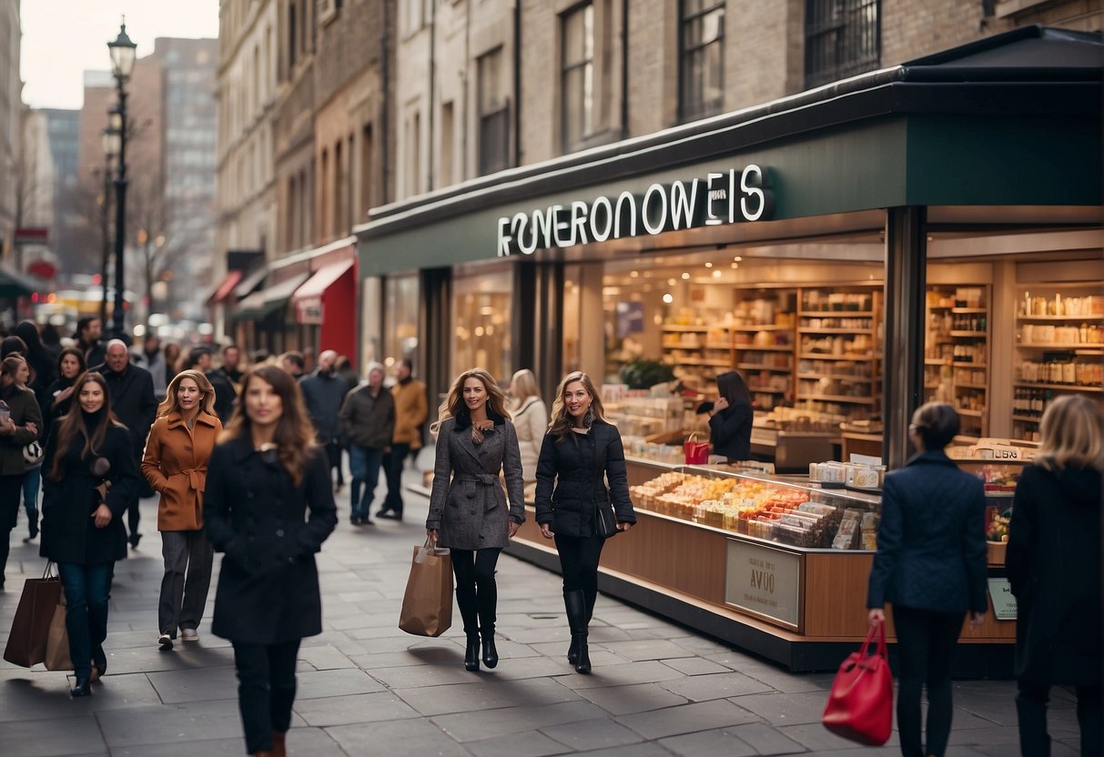 A bustling city street with a prominent Avon promotions sign in the background, surrounded by people browsing and interacting with the products on display