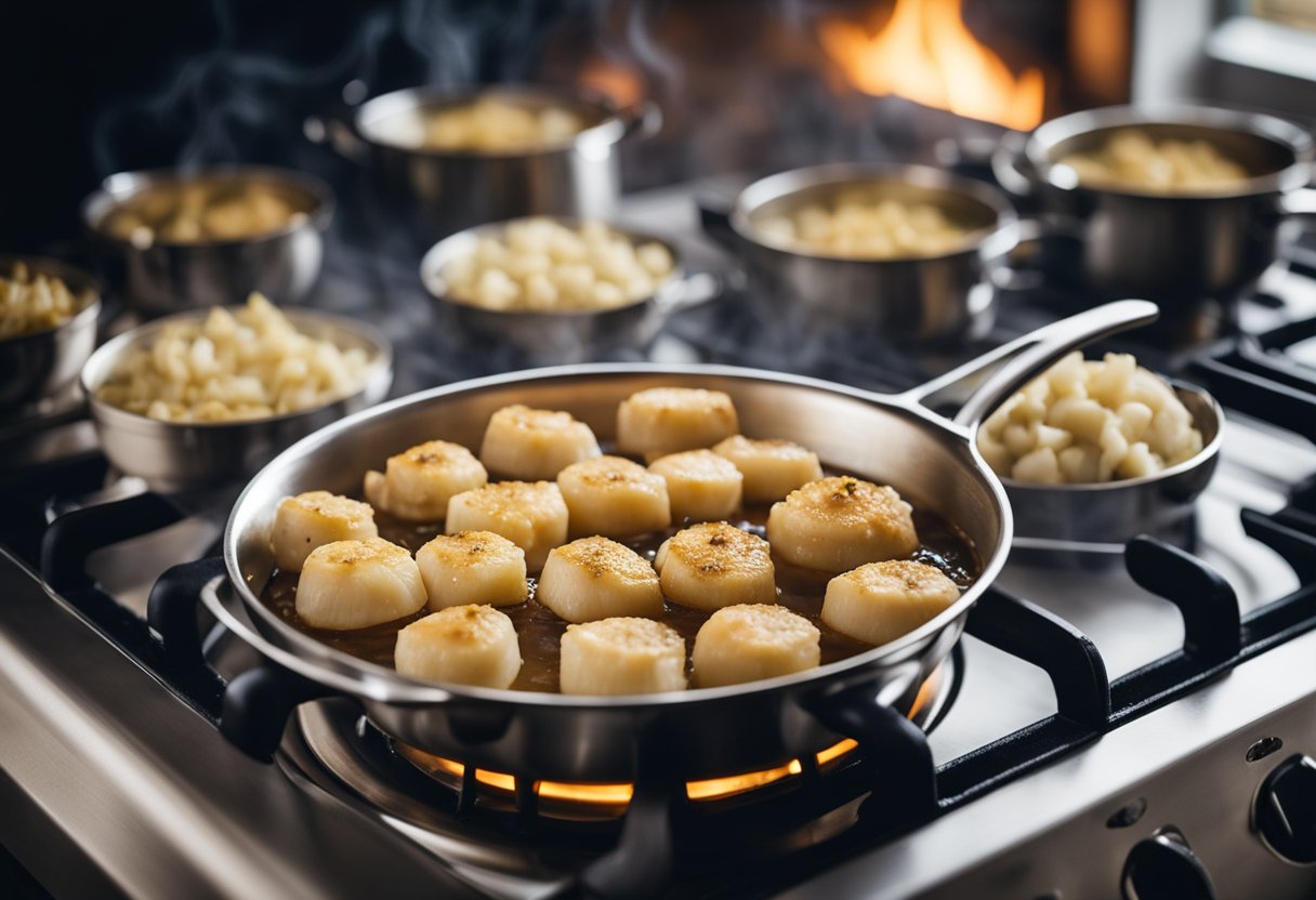 A pot simmers on the stove, filled with dried scallops, garlic, and ginger. Steam rises as the ingredients meld together, filling the kitchen with a savory aroma