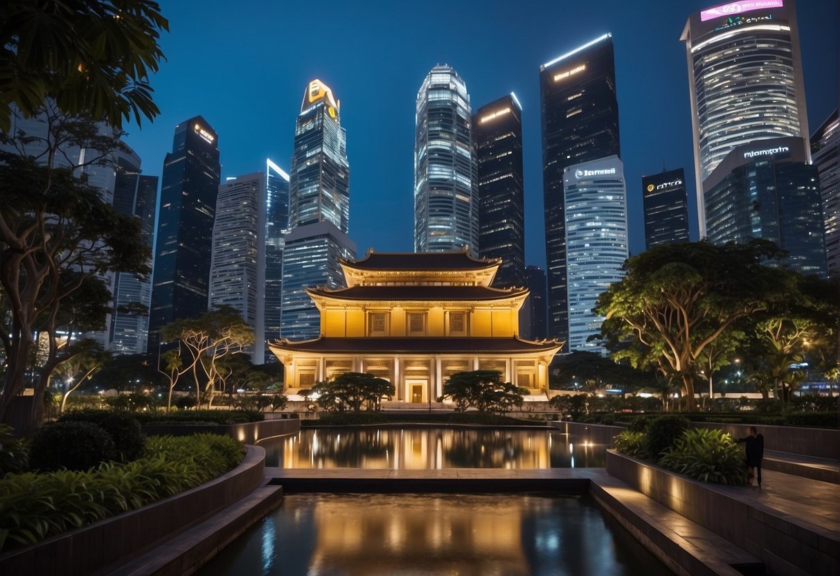 The Bank of East Asia promotions in Singapore: a vibrant city skyline with the bank's logo prominently displayed on a towering skyscraper