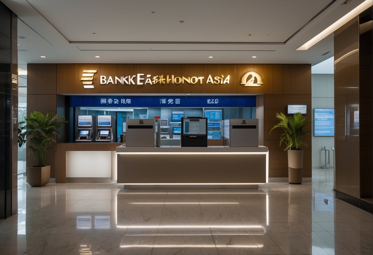 A sleek, modern bank branch with prominent "2024 Bank Promotions" signage, featuring the logo of Bank of East Asia, located in the bustling city of Singapore
