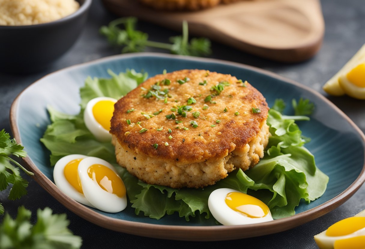 A crab cake being prepared with ingredients like breadcrumbs, eggs, and spices, but without the use of mayo