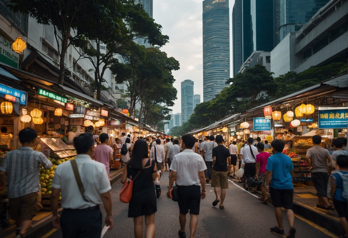 A bustling Singapore street with vibrant signs and banners promoting the open electricity market, with diverse consumers engaging with vendors