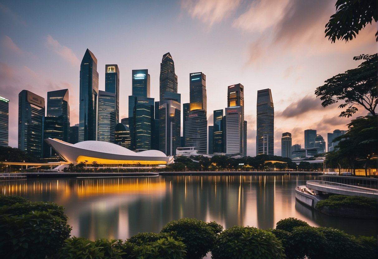 The bustling city of Singapore is depicted, with the iconic skyline in the background and a prominent bank branch adorned with eye-catching promotions and investment offers