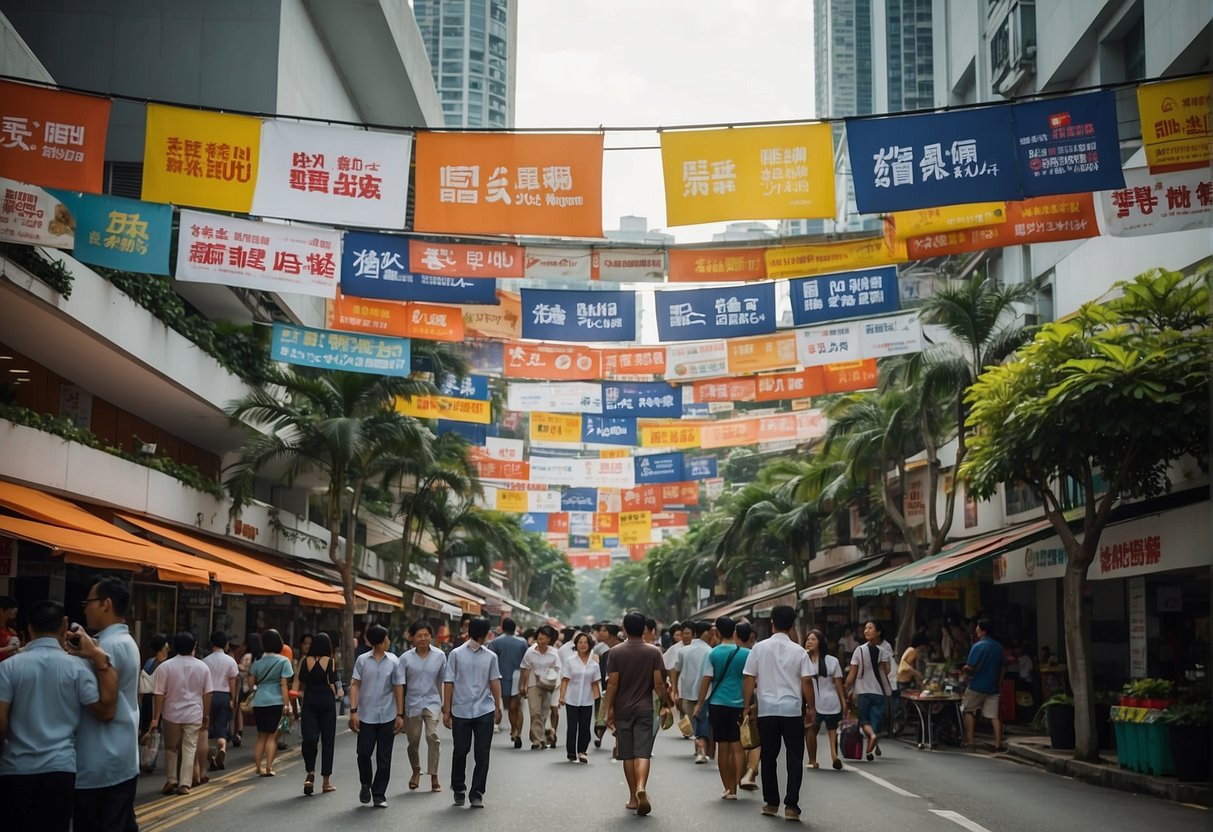 A bustling Singapore street with colorful banners promoting various electricity promotions, with eager customers comparing offers and discussing deals