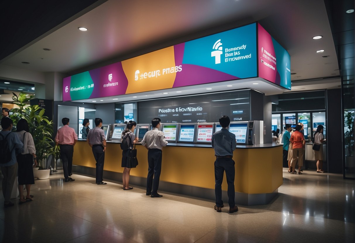 A bustling bank in Singapore, with colorful promotional displays and a queue of customers at the "Frequently Asked Questions" booth