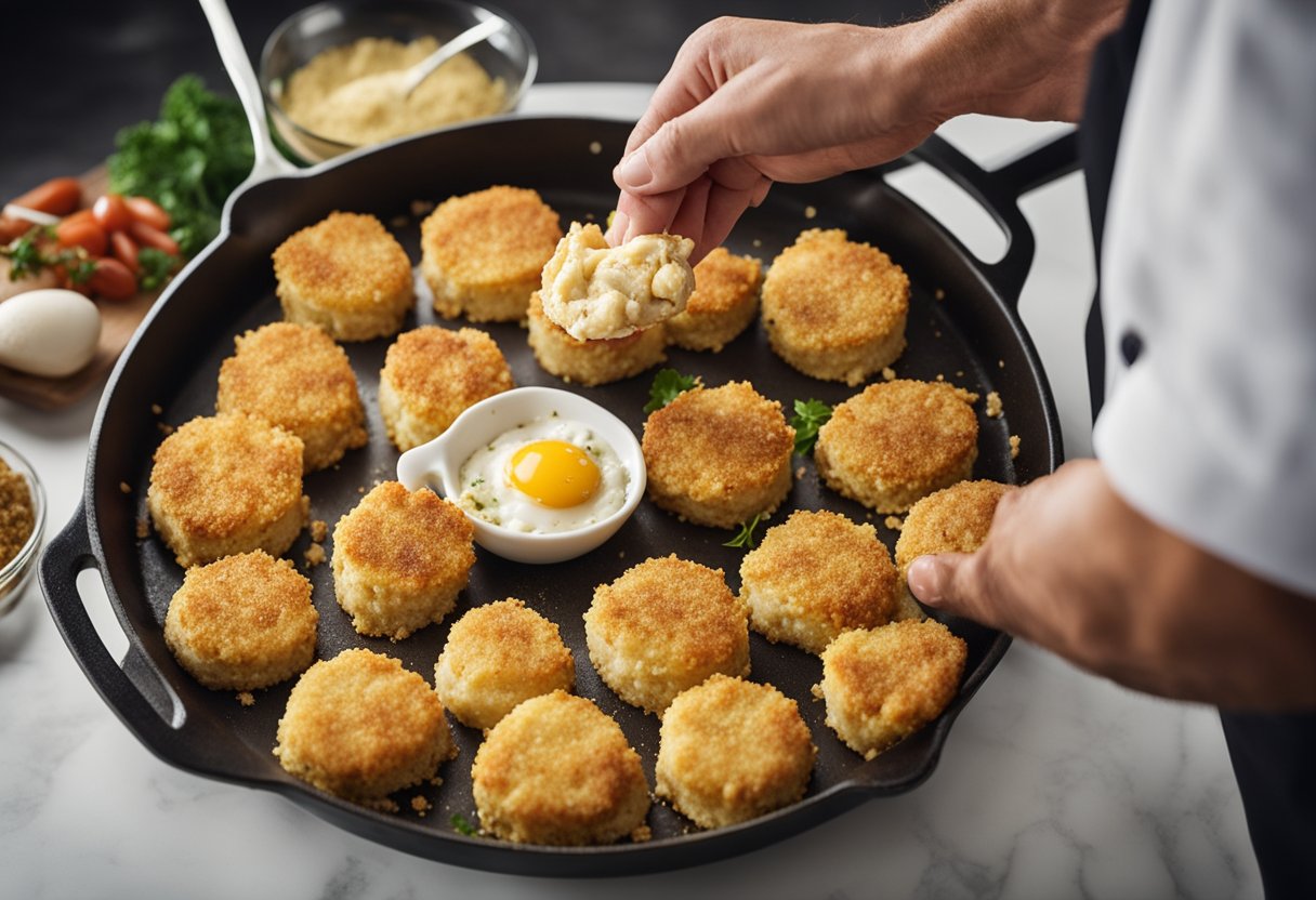 A chef mixes lump crab meat with breadcrumbs, egg, and seasonings. They form patties and fry until golden brown