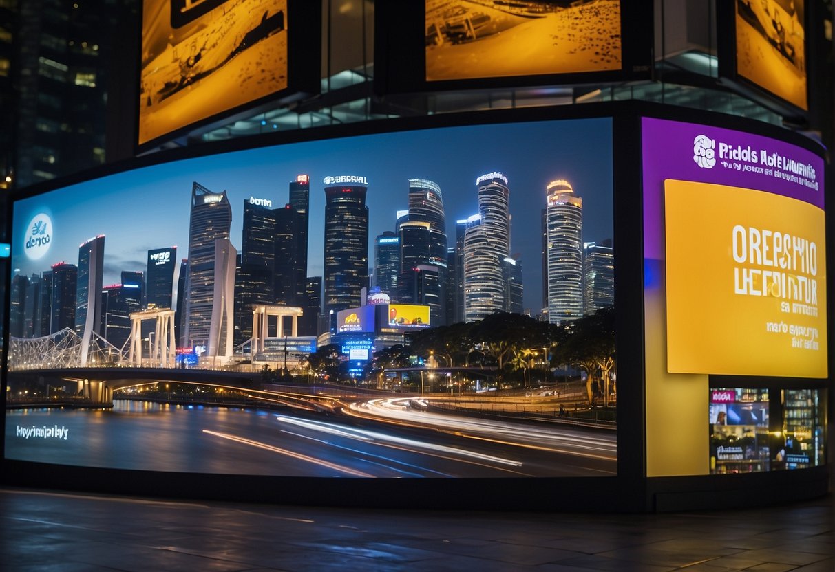 A vibrant cityscape with various electricity providers' logos and promotions displayed on billboards and screens, showcasing the open electricity market in Singapore