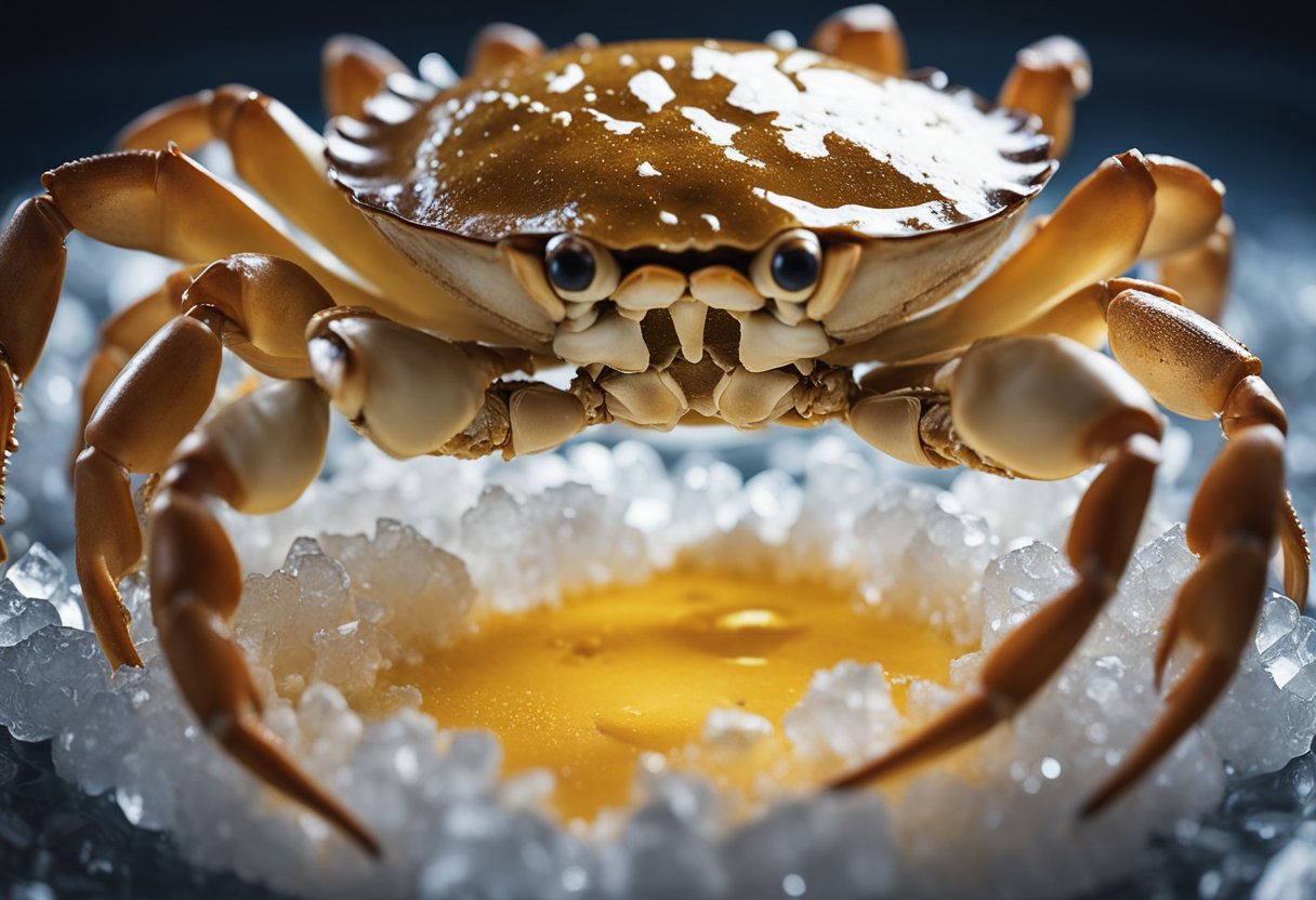 A crab shell cracked open, revealing a pool of rich, golden crab butter spilling out onto a bed of crushed ice