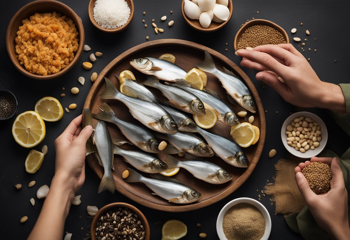 A hand reaches for dried sole fish, surrounded by ingredients for a recipe