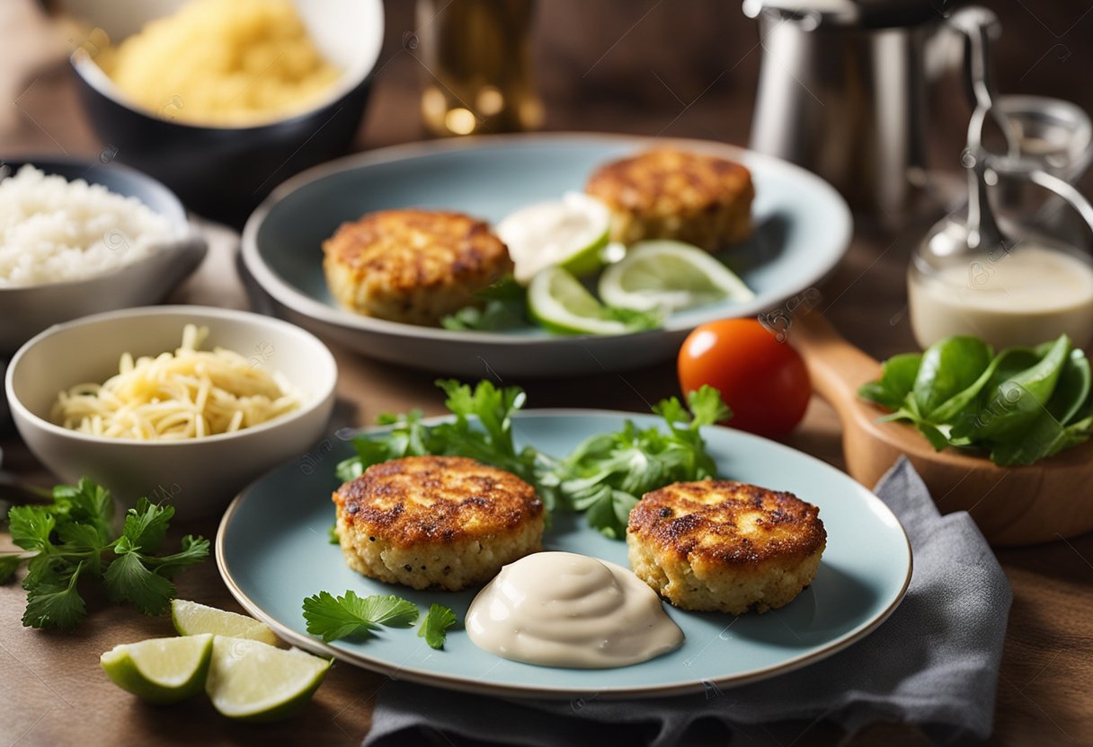 A crab cake being prepared without mayo, with ingredients and cooking utensils laid out on a kitchen counter